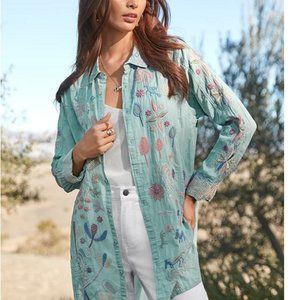 Johnny Was Bya Cosimia Tunic Top Size Large Button Down Embroidered Blue